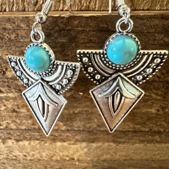 Boho Hippie Vintage Arrow Dangle Wire Earrings, Turquoise Stone, Gift Box - Picture 6 of 12